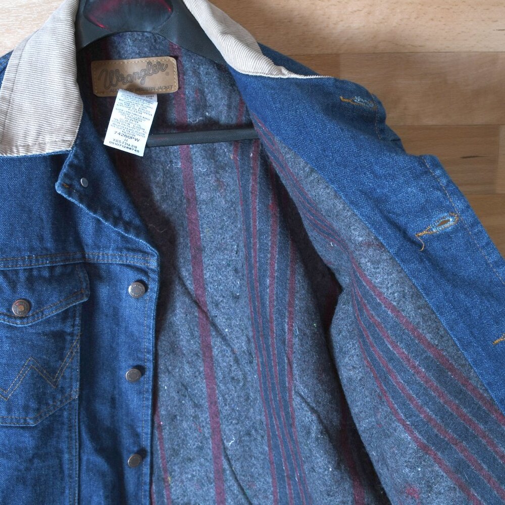 Vintage Wrangler M-159 Denim Western Jacket Mens 44 Blue Dark Wash Blanket Lined - Picture 3 of 7